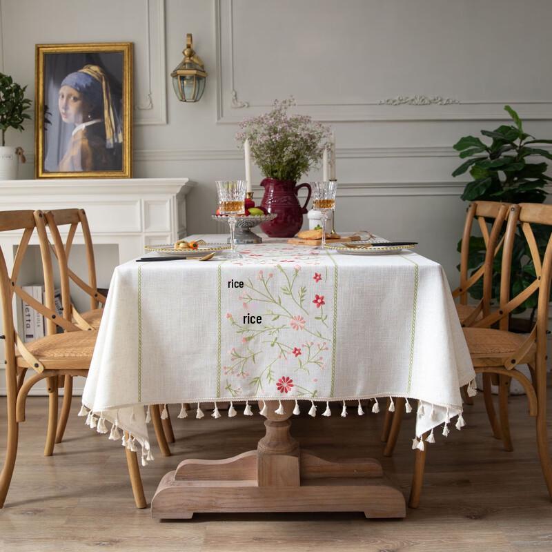 Embroidered Tassel Imitation Cotton Linen Tablecloth