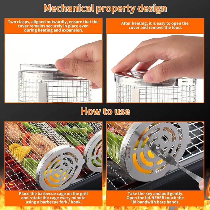 Роликовая корзина для гриля, корзина для гриля, большие круглые корзины для барбекю из нержавеющей стали 304, сетка для барбекю на открытом воздухе для кемпинга, овощей, рыбы, овощей