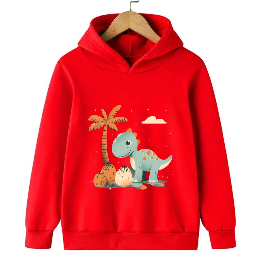 Red children's hooded sweatshirt cartoon dinosaur cute sweatshirt autumn and winter long sleeved boy and girl's favorite jacket