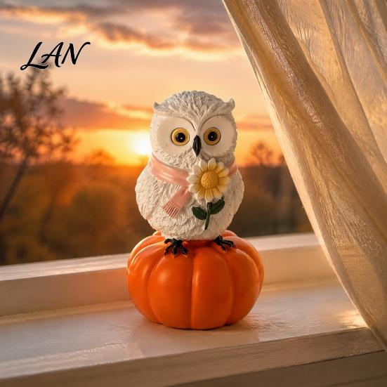 Indoor Seasonal Shelf Displays Fall Pumpkin Owl Figurine, Resin on Statue with Creative Scarf Sunflower for Autumn Thanksgiving Tabletop, Mantel,