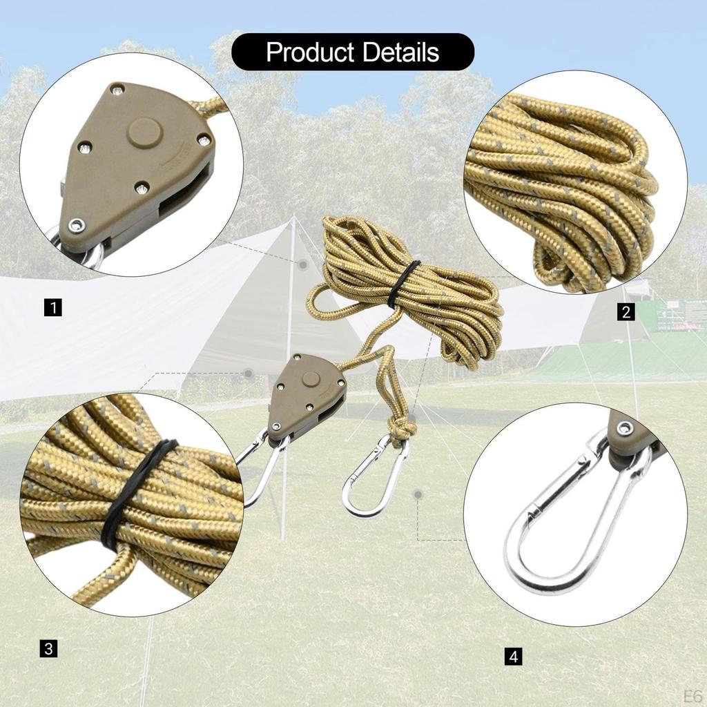 Rope Hanger Ratchet Strap Lightweight 12ft Reflective guyline with Pulley for Awning Tents Camping