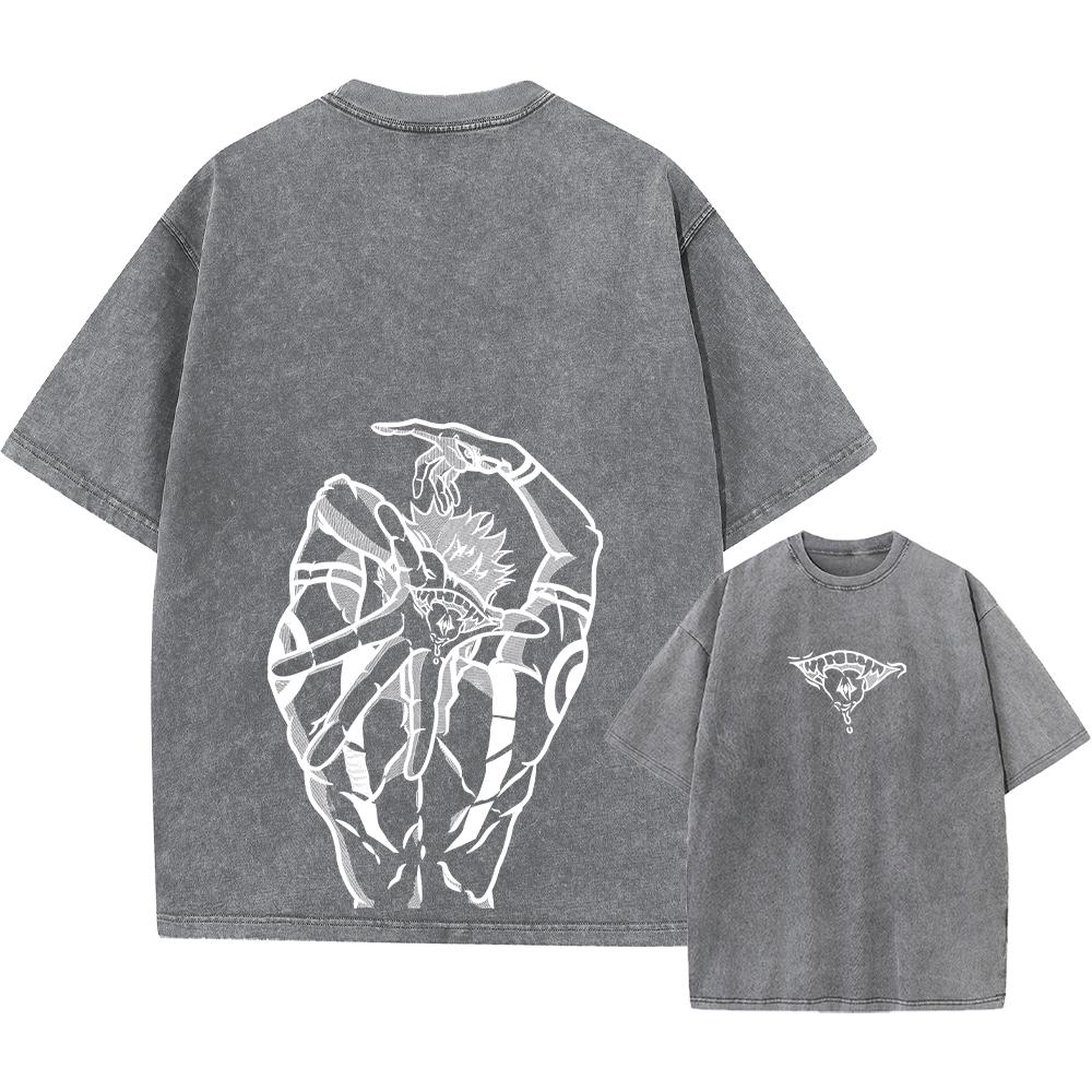 Аниме Принт Уличная Одежда Винтажная Выстиранная Футболка Мужская Харадзюку Манга Графический Принт Годжо Кислотная Стирка Топы Футболка