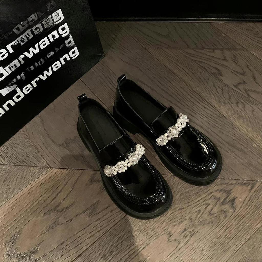 Женские мокасины ручной работы из натуральной кожи с кристаллами и пряжкой 2024 года — толстый каблук и подошва