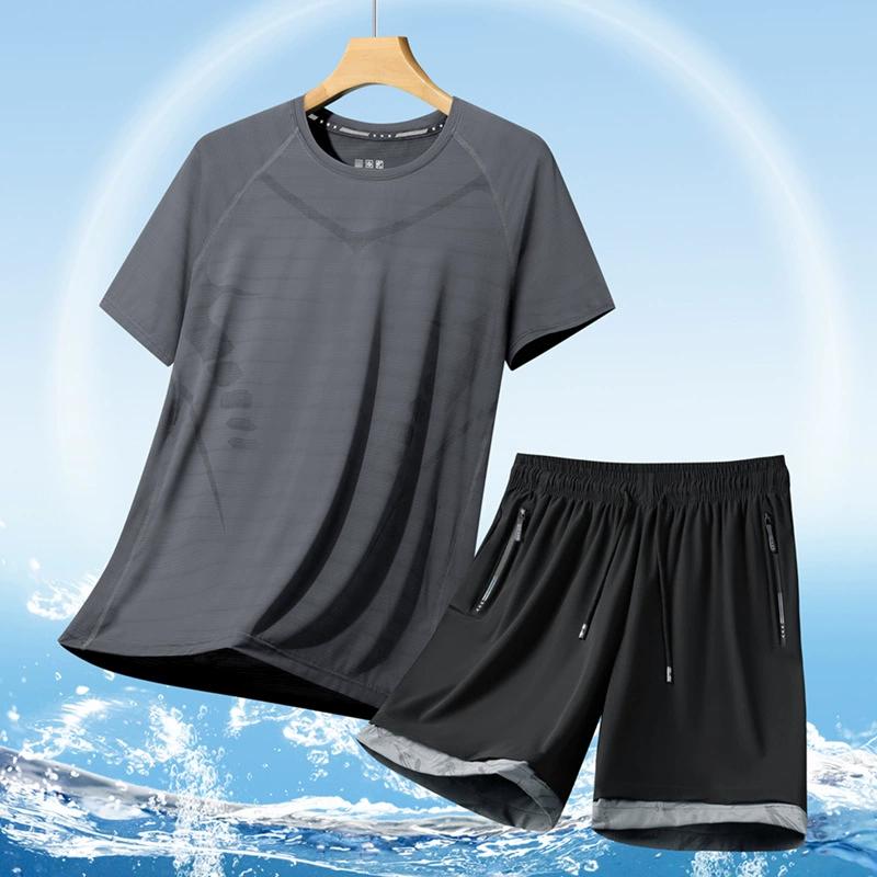 Большой размер футболка с коротким рукавом комплект для мужчин, тонкий шелк льда быстросохнущий мужской спортивный костюм с коротким рукавом, спортивный