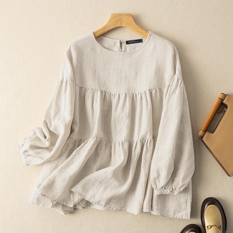 ZANZEA Женская повседневная блузка с длинным рукавом и круглым вырезом, сплошной цвет, большие размеры