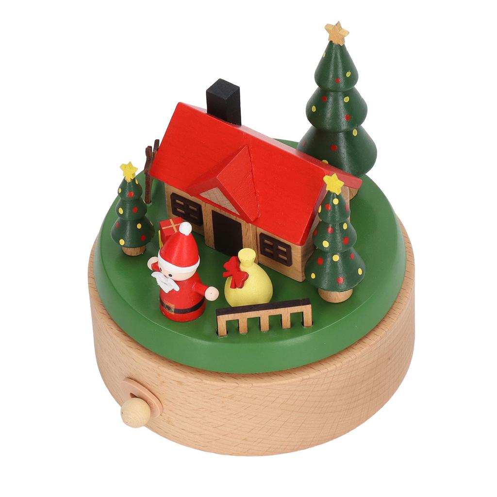 Wooden Rotating Music Box Round Bottom Santa House Christmas Music Box for Decoration Wooden Round