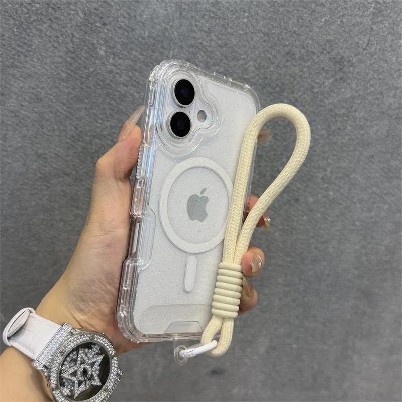 Блестящий чехол с ремешком-шнурком на запястье для For Iphone 16 1 14 Pro Max Plus 11 12 13, прозрачный, с магнитом
