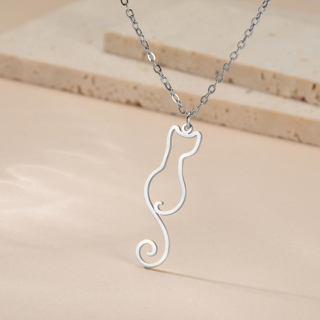 Cazador Cute Cat Long Tail Pendant Necklace for Women Stainless Steel Animal Kitten Charm Necklace Wholesale Gift Jewelry
