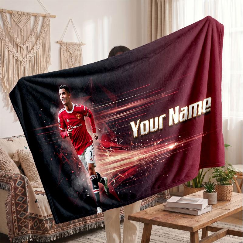 Cristiano Ronaldo Personalized Fleece Blanket With Football Logo, Custom Name Text Soft Warm Home Throw Blanket
