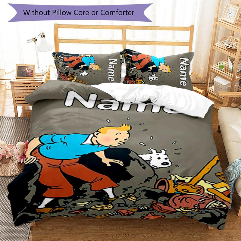 3pcs Custom Name The Adventures of Tintin Bedding Set Duvet Cover Closure Includes 1 Duvet Cover & 2 Pillowcases for All Seasons Bedroom Decor