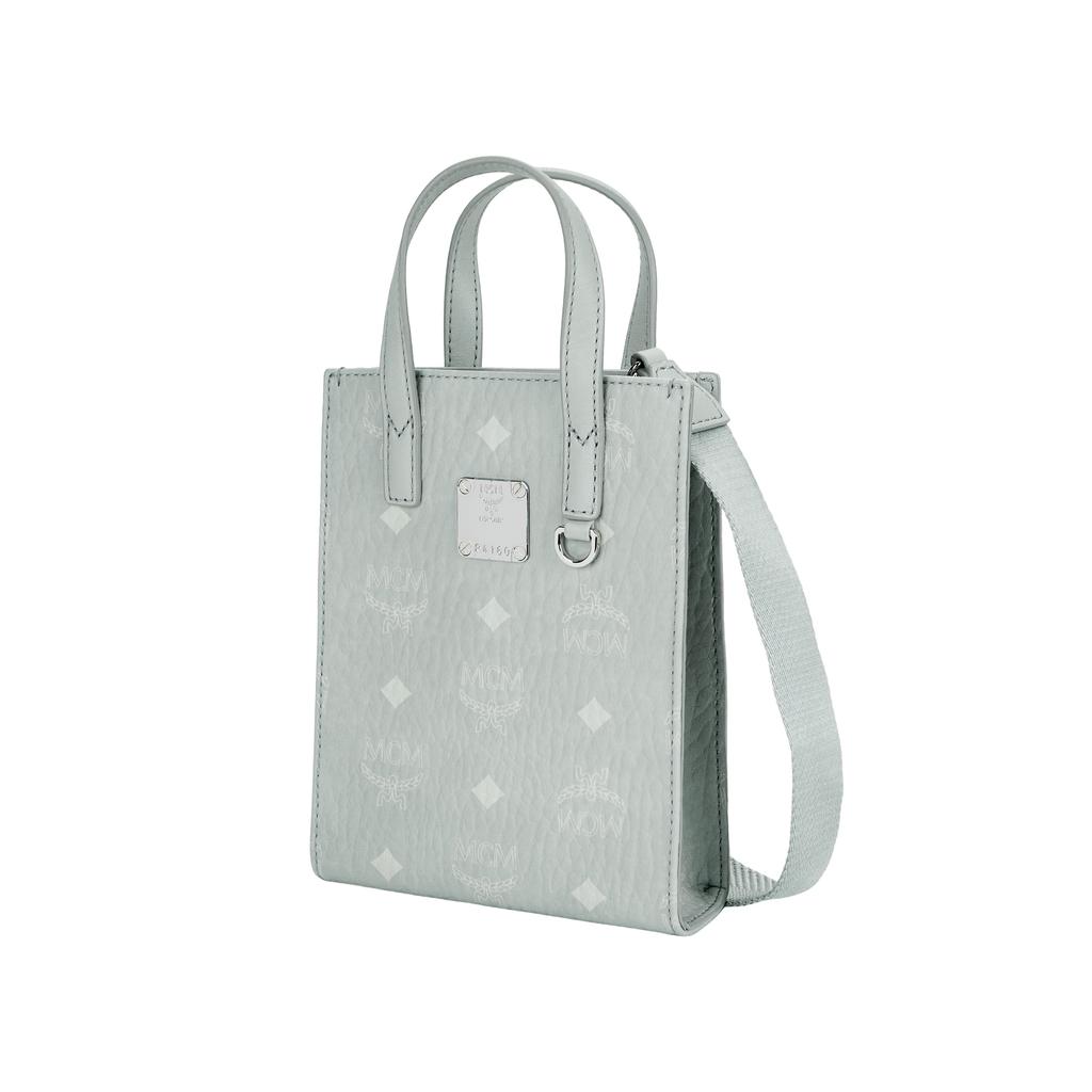MCM Aren Monogram Print Detachable Adjustable Shoulder Strap Coated Canvas Napa Leather Trim Tote Shopping Bag Mini Women Tote Bag Gray MMTCSKC02FP001