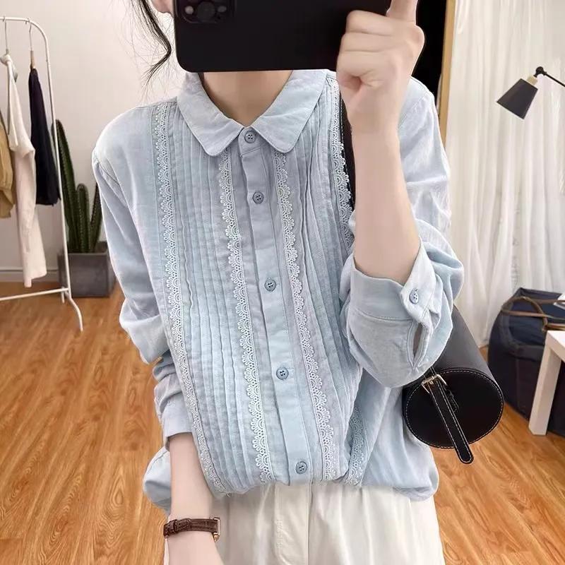 Spring Autumn Women's Lace Patchwork Pure Cotton Long Sleeved Shirt for Women Loose Retro Top Pleated Base Shirt