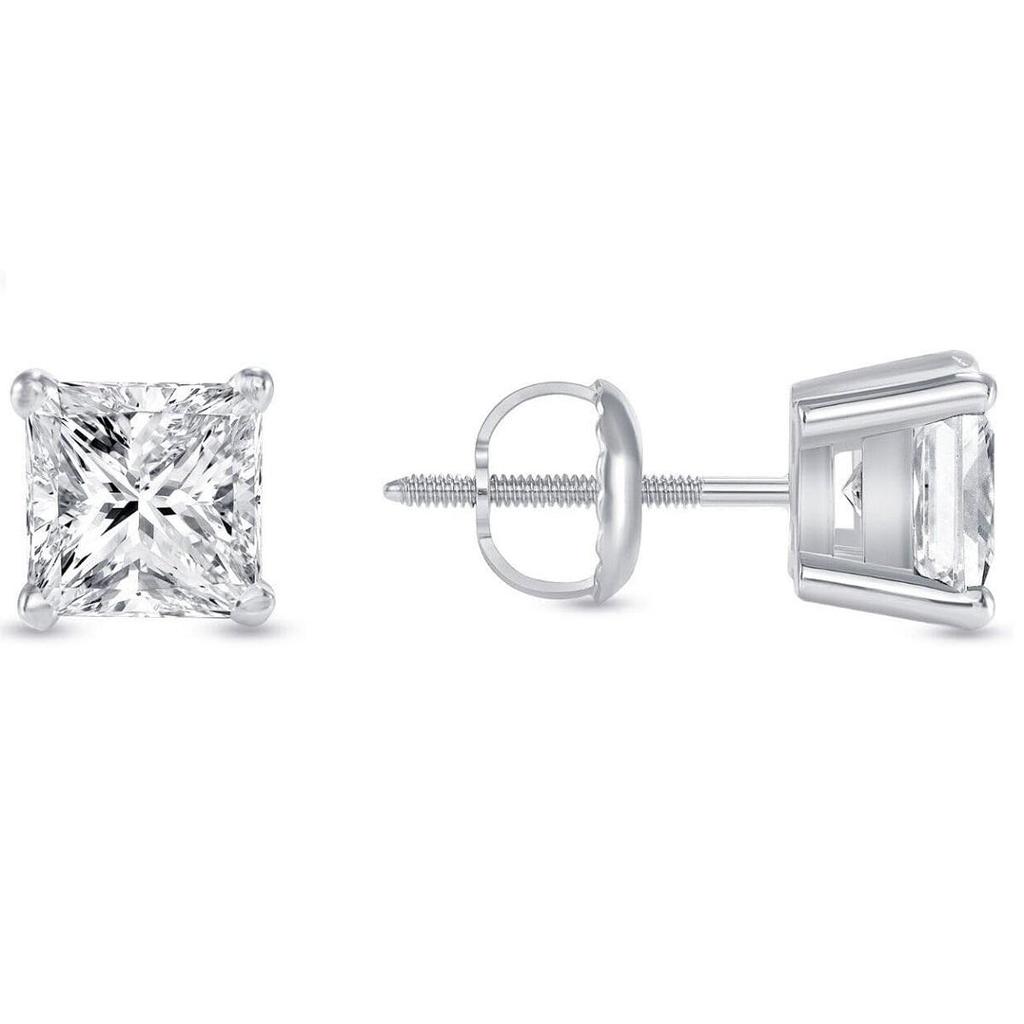 1 Ct Princess Lab Created Grown Diamond Earrings 14K White Gold F/VS BasketScrew