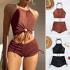 2Pcs/Set Women Bikini Set Hollow Out Halter Bra High Waist Side Drawstring Swimming Trunks Set Bathing Suit Beachwear