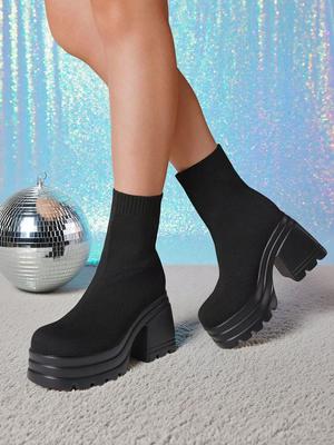 Женские повседневные вязаные ботильоны слипоны на высоком каблуке и толстой подошве, модные ботинки-носки на платформе, дышащая обувь для платья