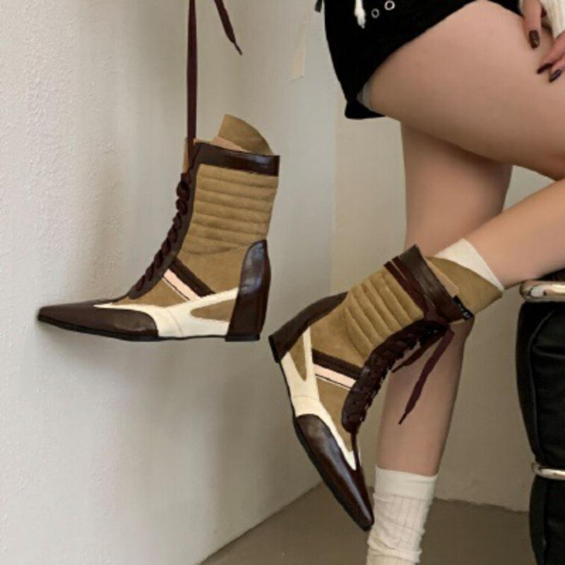 Boots Lace-up Sports Style Boxing Boots Spice Girls Pointed Martin Boots Wedge Heel Retro Color Matching Short Boots Women