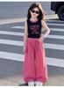 Girls' Summer Set with Big Boy's Stylish Color blocked Fake Two piece Tank Top and Fashionable Wide Leg Pants Two piece Set