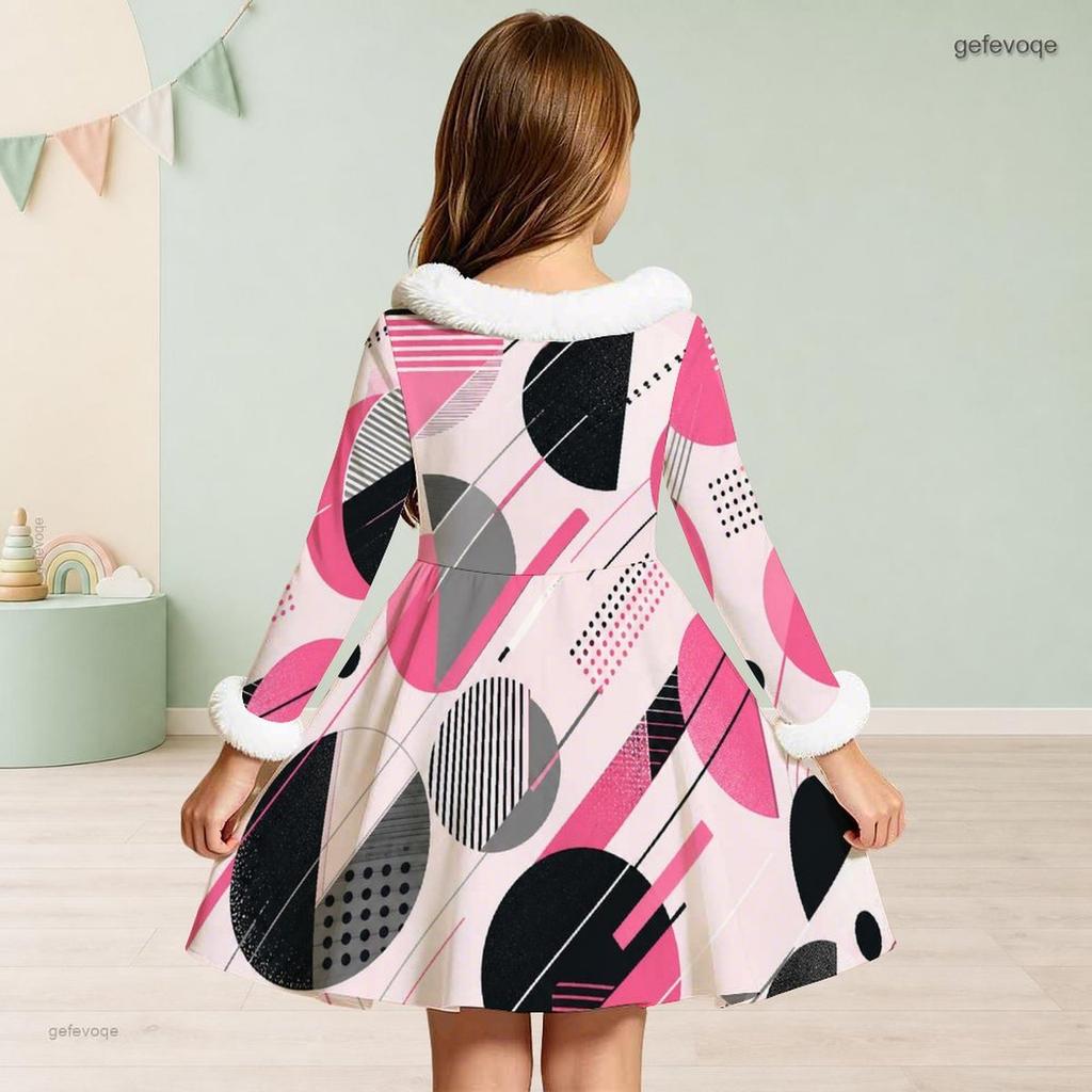 Girls Faux Fur Trim High Neck Long Sleeve Geometric Printed A Line Flared Dress