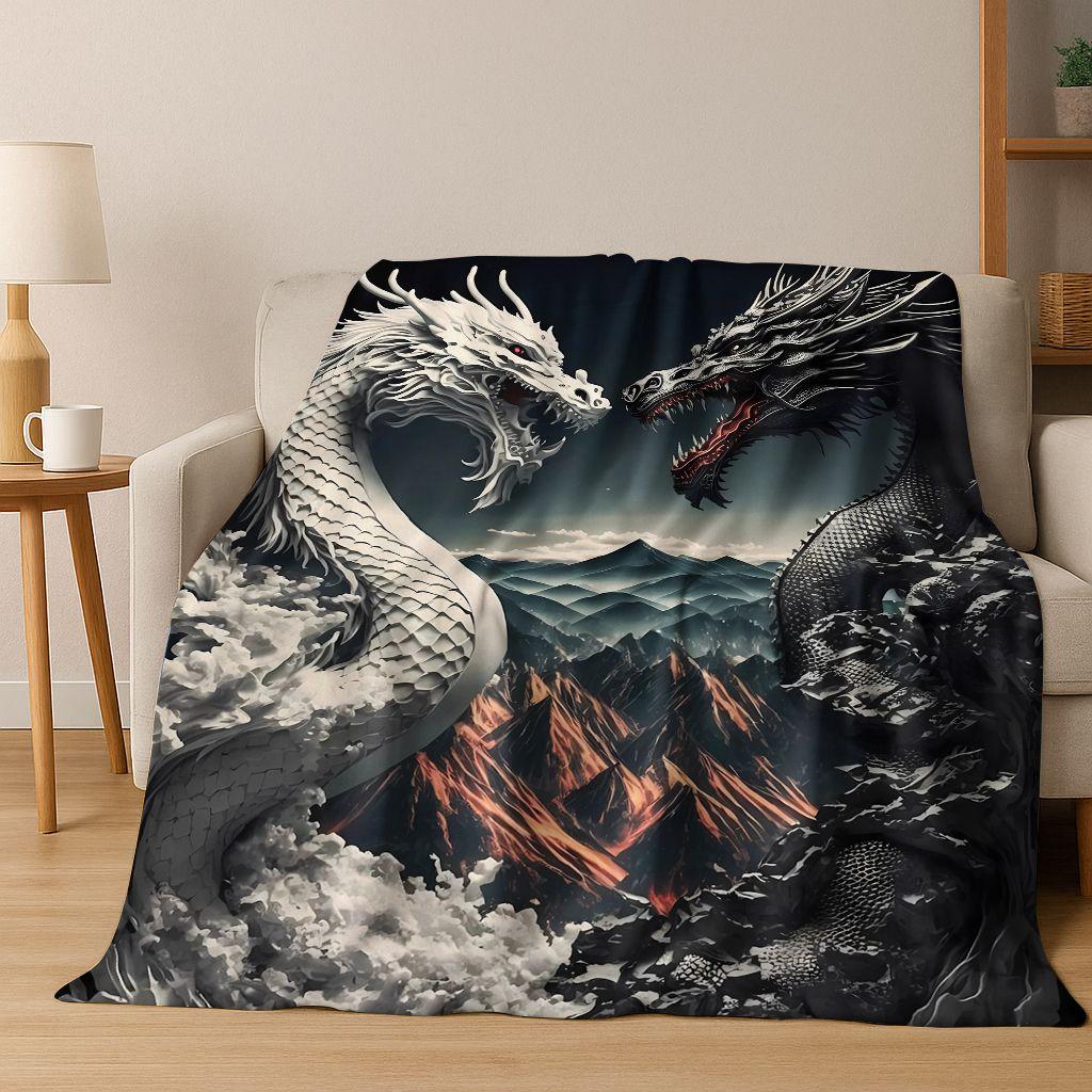 Magic Dragon Mythology Art Chinese Loong Cartoon Flannel Blanket,Cozy Soft Throw Blanket for Home Bedroom Bed Sofa Cover Kid