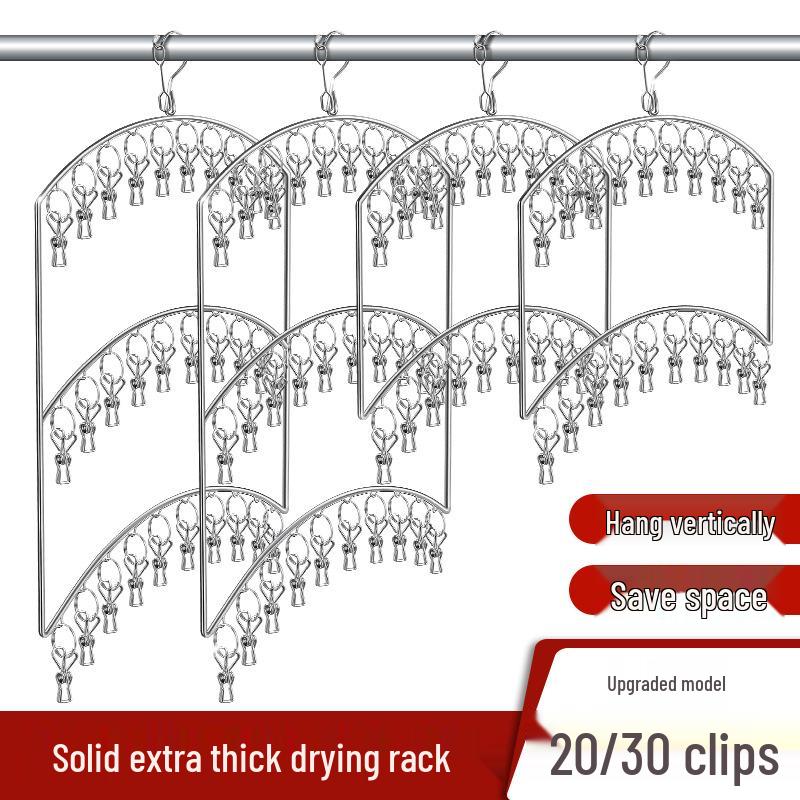 Multi-Layer Stainless Steel Drying Rack with Windproof Hooks for Socks & Underwear