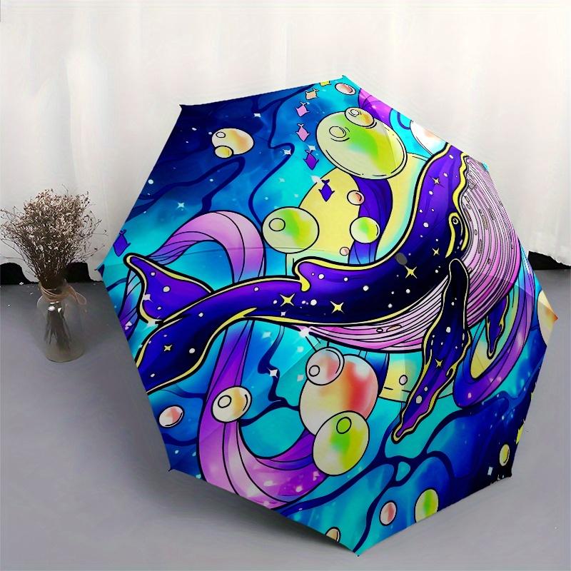 Whale, Fantasy Automatic folding umbrella simple eight rib design, bright color pattern, durable iron frame, ideal for travel and outdoor,