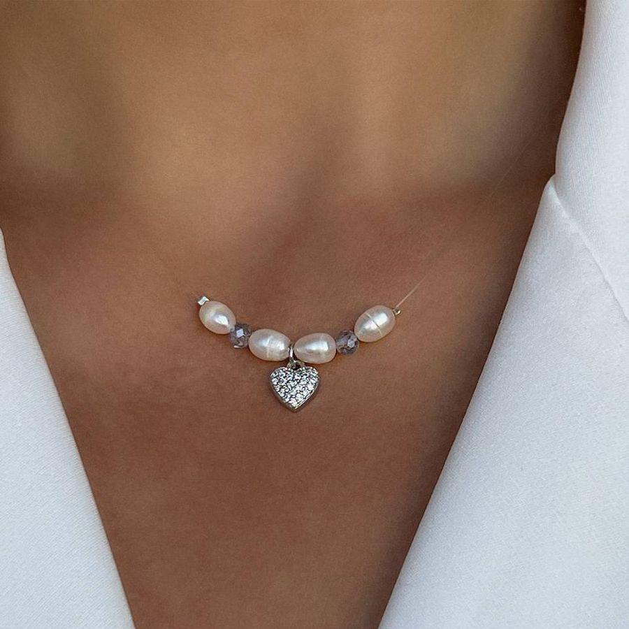 Simple Shaped Natural Freshwater Pearls Zircon Heart Necklace For Women Female Girl Baroque Choker Jewelry Gift N0495