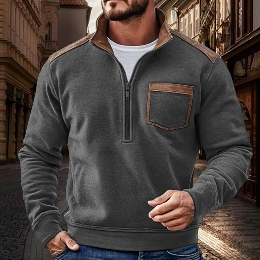 Mens Retro Fleece Sweatshirt With Pocket Color Block Slim Fit Long Sleeve Half Zip Pullover Shirt Trendy