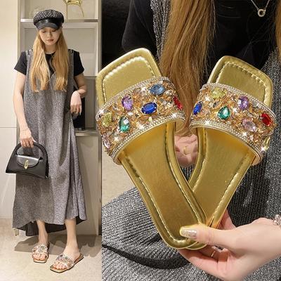 Обувь для женщин, летние новые роскошные женские тапочки со стразами, квадратный носок, модные женские шлепанцы, повседневные женские тапочки на плоской подошве