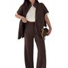 Women's Two Piece Outfit Casual Full Zip-up Short Sleeve Shirt And Wide Leg Pants Set Casual Lounge Tracksuit