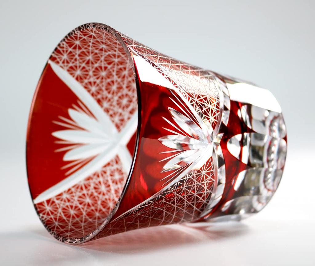 GREEM MARKET Crafts with Wooden Box Glasswork Kiriko Glass Cup Shochu Glass Chrysanthemum Tsunagi Pattern Kiriko Glass Product GMS00763 Number (Red)