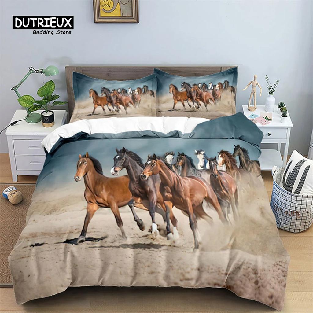 Horse Comforter Cover Set for Kids Toddler Farm Animal Pattern Bedding Set 3 Piece Farmhouse Cowboy Duvet Cover Set