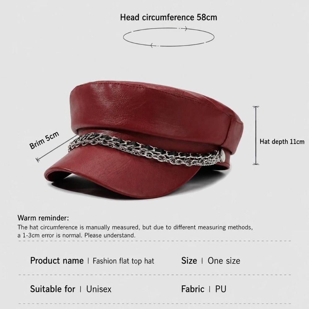 PU Leather Beret Hat Silver Chain Decor Octagonal Beret Cap Vintage Peaked Hat Autumn Winter