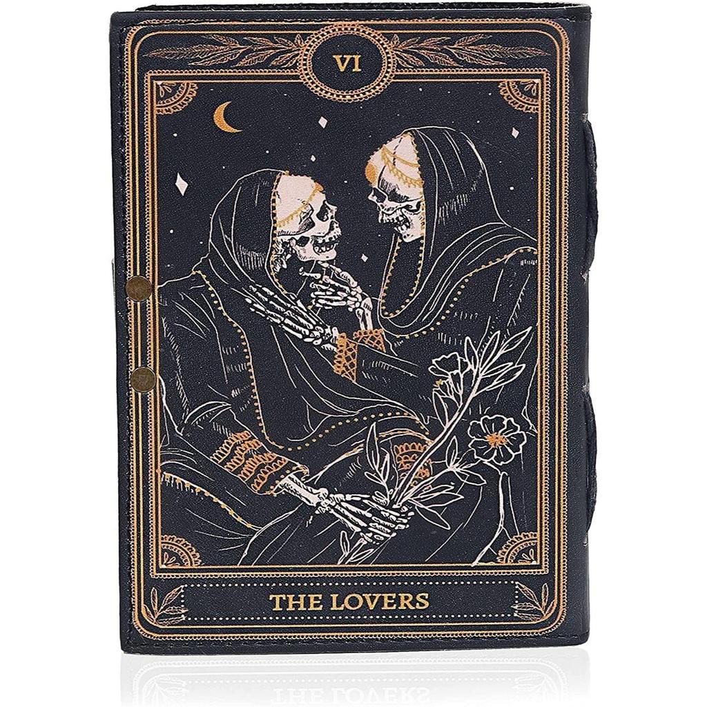 Handmade Book of Spells Of Shadows Leather Journal Deckle Edge Paper Grimoire Printed The Lovers Tarot Spiral Gothic Notebook Vintage Leather Daily