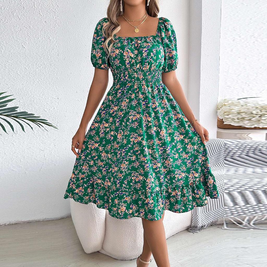 Women's Fashion Floral Print Square Neck Short Sleeve Waisted Ruffled A-Line Skirt