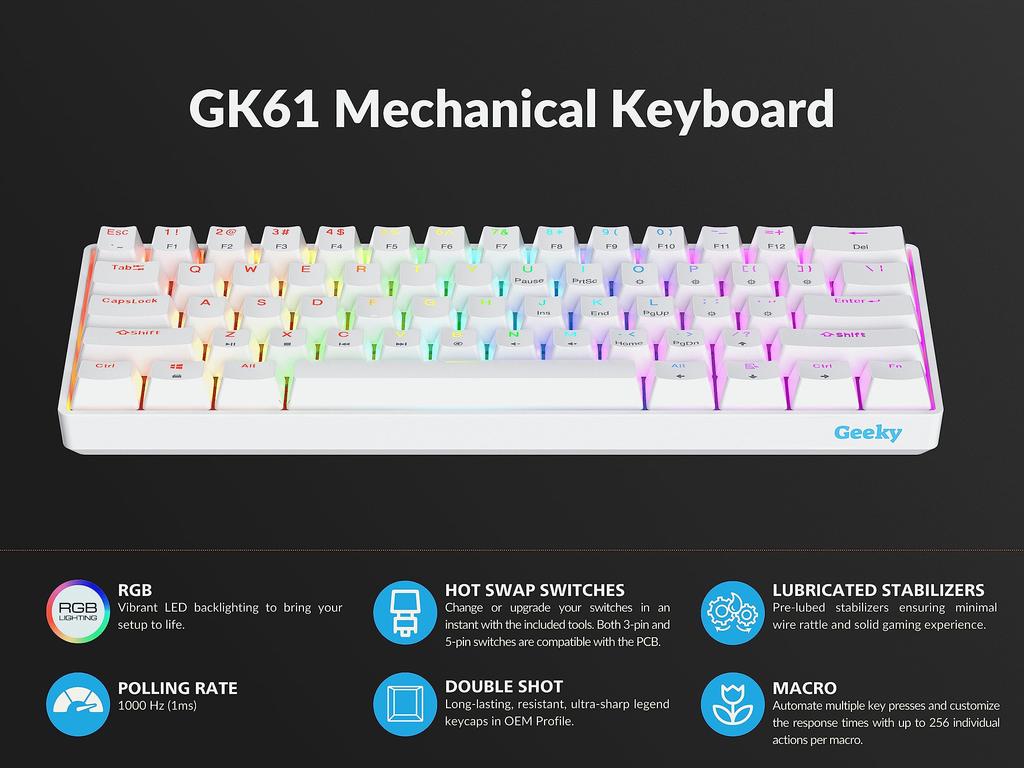 Geeky GK61 Mechanical Gaming Keyboard 61 Keys Multicolor RGB LED Backlit for Gamers ANSI US American Layout Mechanical 60% Hot-Swappable PC/Mac