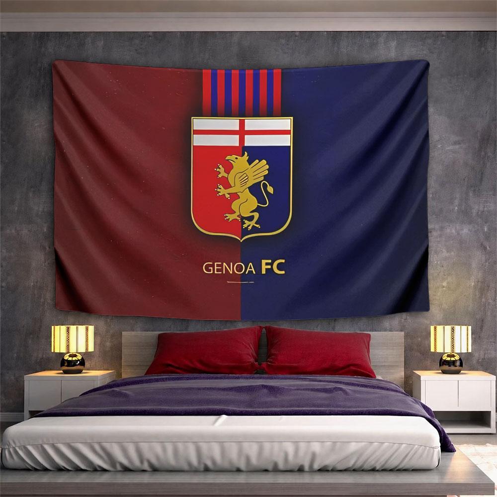 Split red-blue background with Genoa FC logo featuring a golden griffin. Patterned tapestry for bedroom and living room home decor