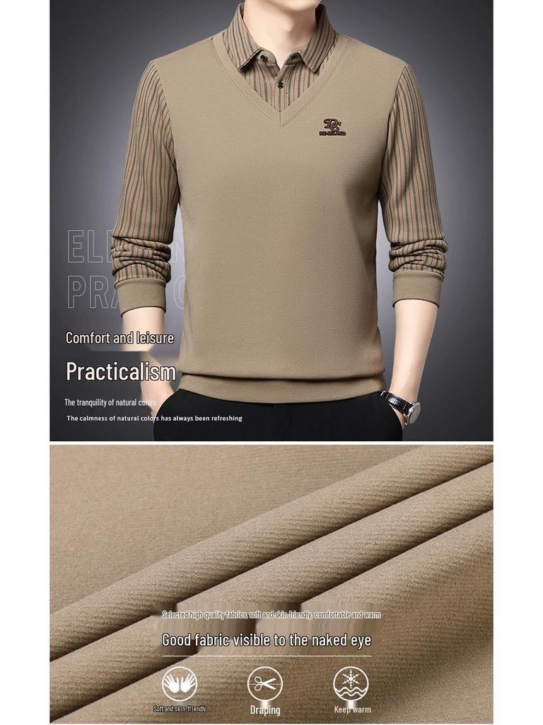 Men's Winter Wool Silk Lapel Two-in-One Sweater with Fleece Lining