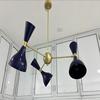 Mid-Century Modern Brass Chandelier: Navy Blue Cone Shade, Adjustable Pendant Light