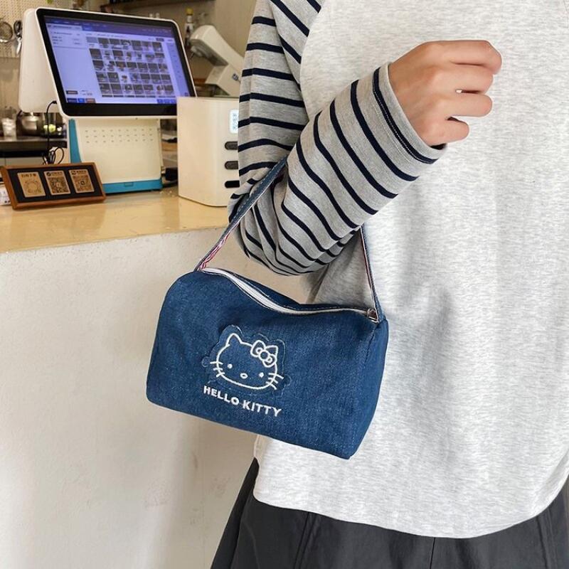 Cartoon Kitty Cat Denim Handbag Portable Kawaii Plush Bags Casual Handbag Cute Kitty Cat Makeup Bag Girls Women's shoulder bag