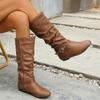 Women's Shoes Side Zip Knee-High Women's Boots Brand Daily Boots Women Belt Buckle Pleated Round Toe Flat with Shoes Women