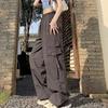 Women Cargo Pants Elastic High Waist Adjustable Drawstring Long Trousers Solid Color Wide Leg Multi Pockets
