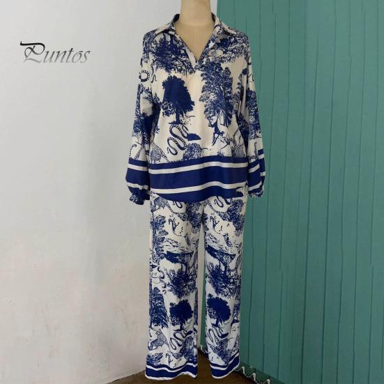 2 Pcs/Set T-shirt Pants Set Floral Print V Neck Long Sleeve Bohemian Striped Top Wide Leg Elastic Waist Pockets Trousers Lady Casual Clothes