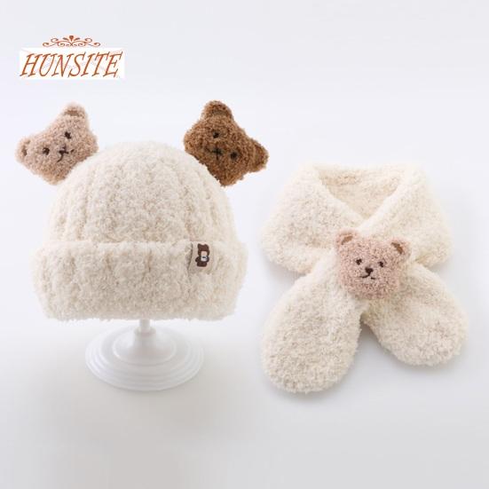 Детская зимняя шапка и шарф, набор, декор в виде медведя, толстый, мягкий, плюшевый, морозостойкий, вязаный, унисекс, накидка на шею, детские зимние аксессуары