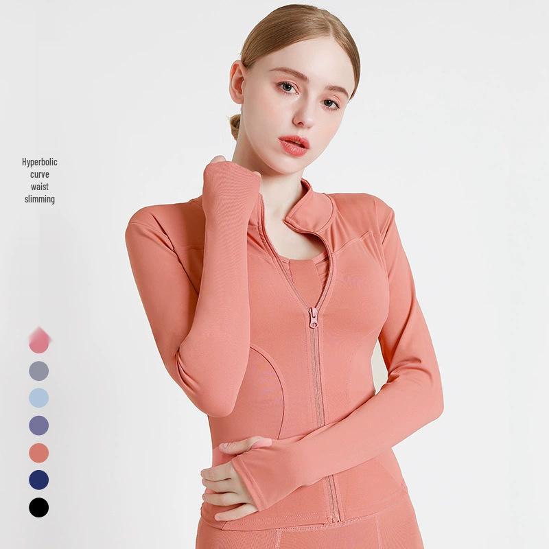 Персиковая фитнес-куртка: Быстросохнущий спортивный топ с длинным рукавом и молнией, со стойкой воротником, для йоги весной и осенью