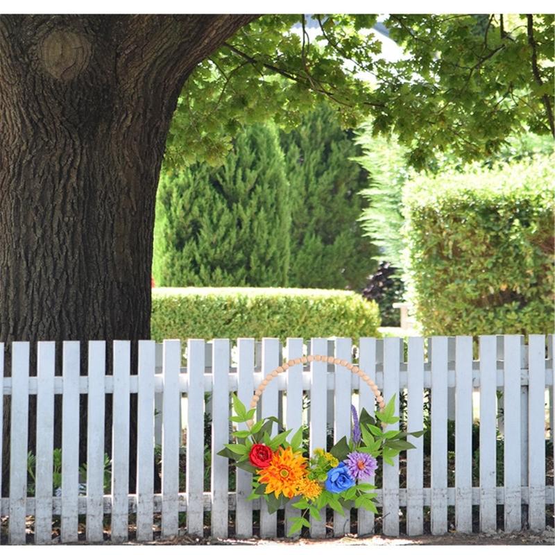 Spring Wreath for Front Door Farmhouses, Wood Bead Wreath with Artificial Flower Leaf, Spring Summer Wreath for Wedding