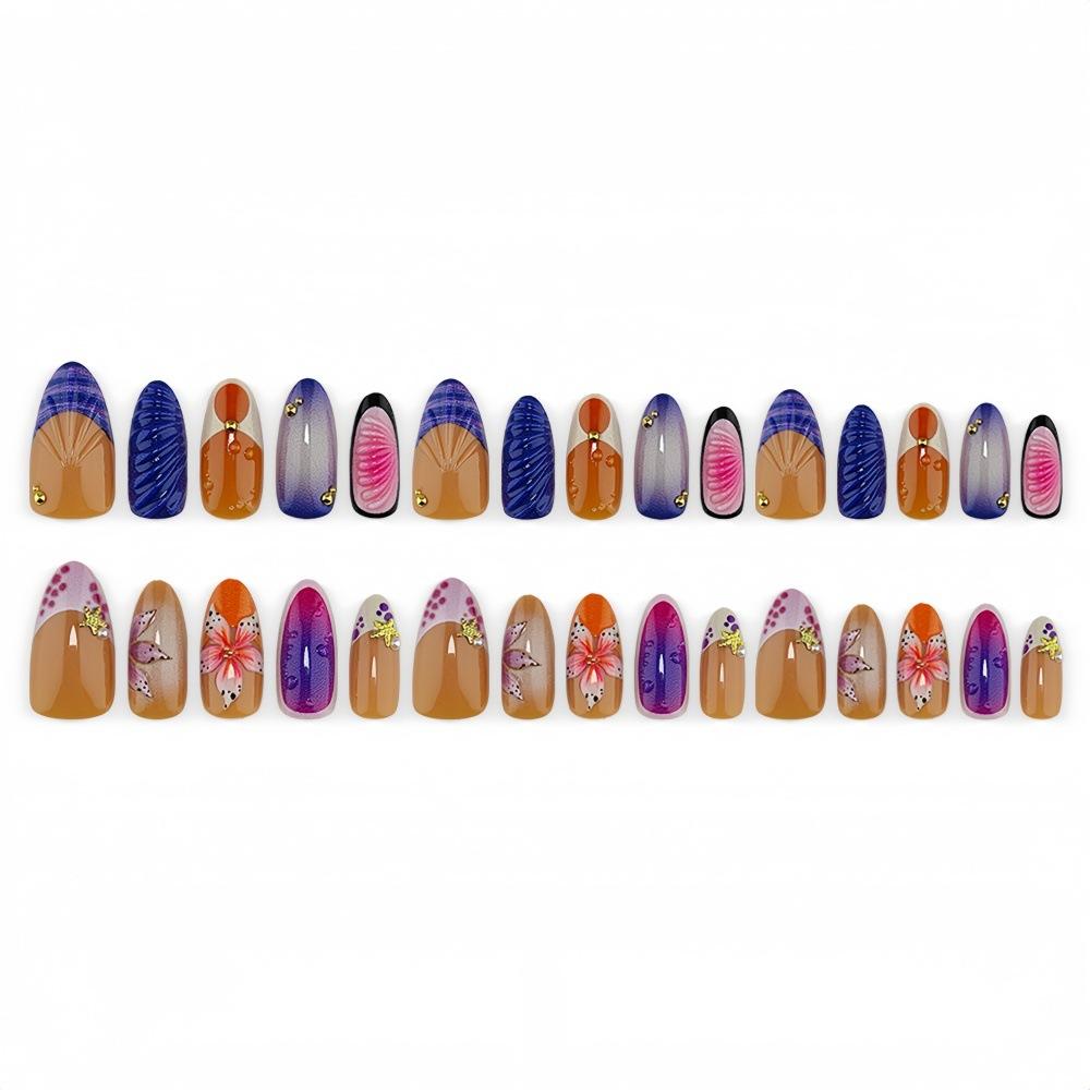 Retro French Three-dimensional Petal Wear Nail Embossed Shell Smudged Long Almond Diamond Manicure Patch