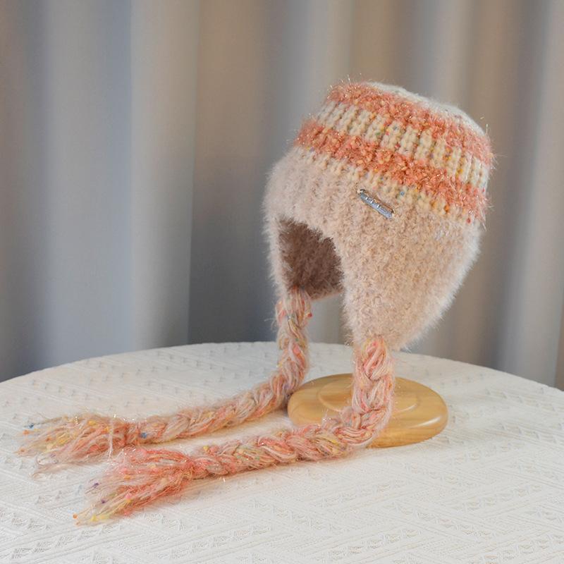 Женская осенне-зимняя теплая утолщенная защитная шапка с холодным мехом и бархатом, двойная тесьма, вязаная шапка, милая разноцветная шапка