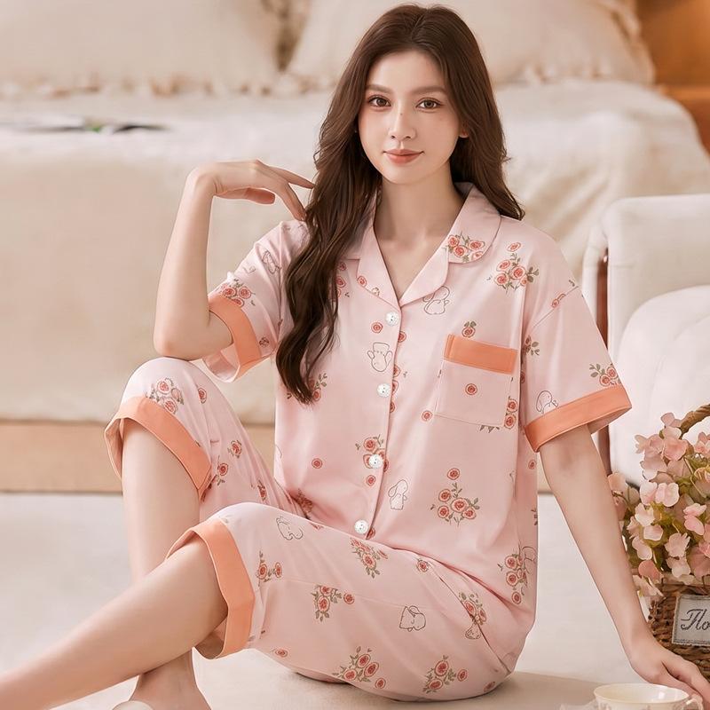 ins peach pajamas women's summer new imitation cotton short-sleeved cropped pants middle-aged mother's loungewear