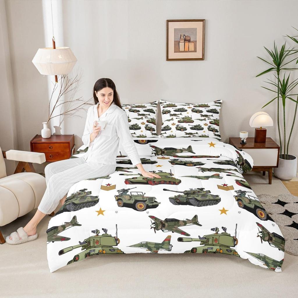 War Theme Set Full Size Aircraft Tanks Bedding Set for Kids Boys Bedroom Decor Retro Army Green Airplane Tanks Soft Polyester