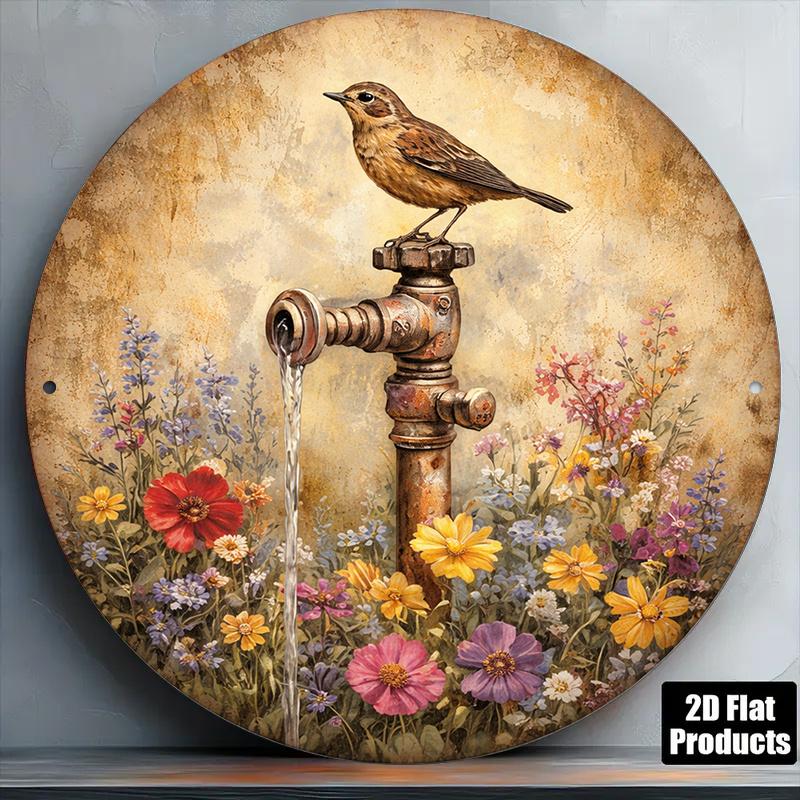 D Flat pc xinxcm D Flat Round Sign Featuring Birds Vintage Floral and Bird Decorative Plaque Suitable for Garden